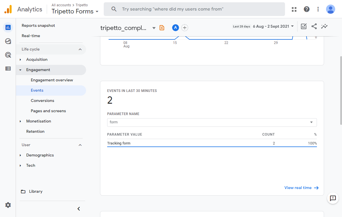 Screenshot of tripetto_complete event in Google Analytics