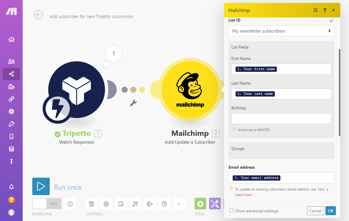Screenshot of Mailchimp module in Make