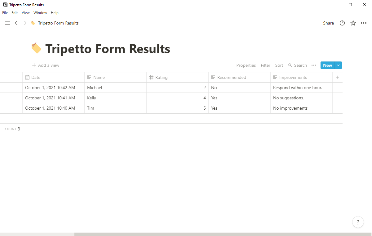 Screenshot of a database in Notion