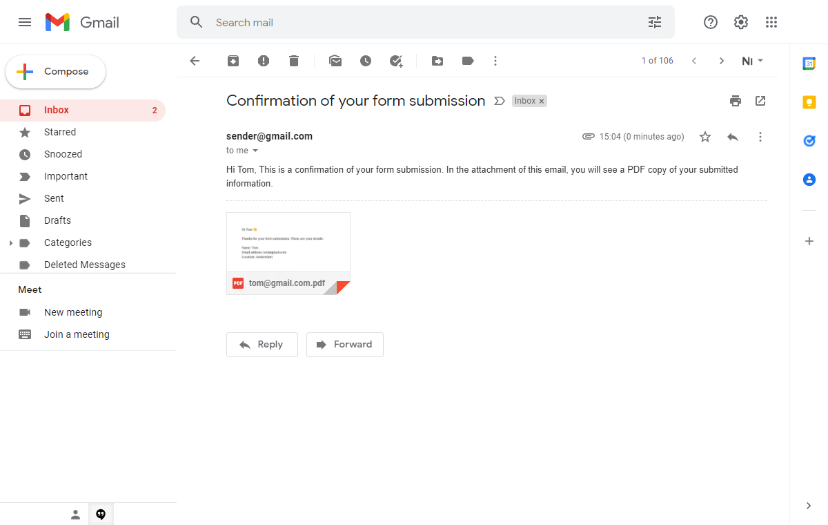 Screenshot of Gmail message