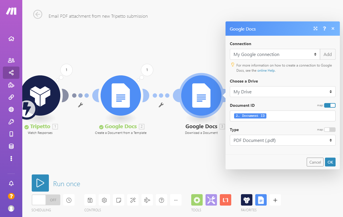 Screenshot of Google Docs module in Make