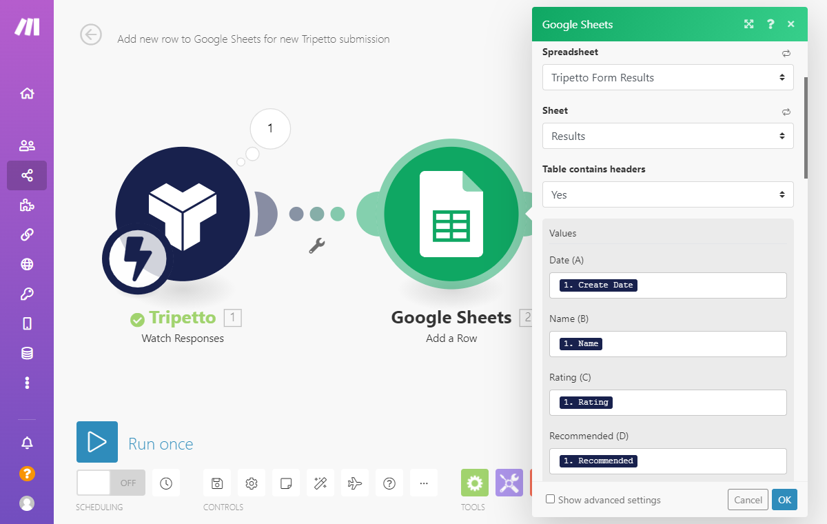 Screenshot of Google Sheets module in Make