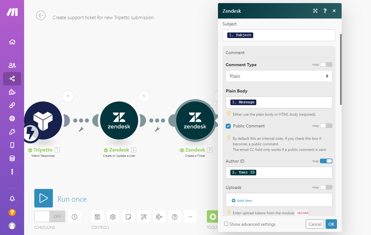 Screenshot of Zendesk module in Make