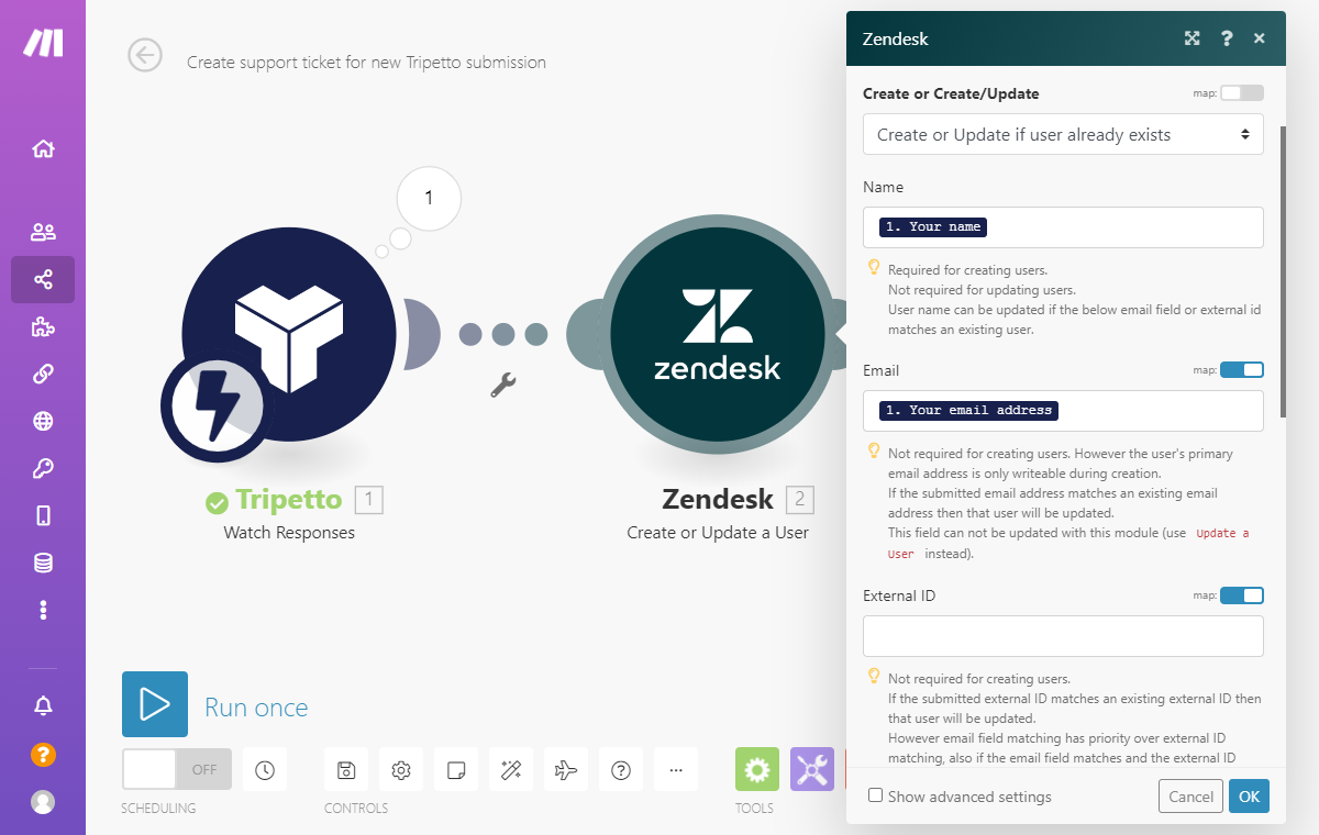 Screenshot of Zendesk module in Make