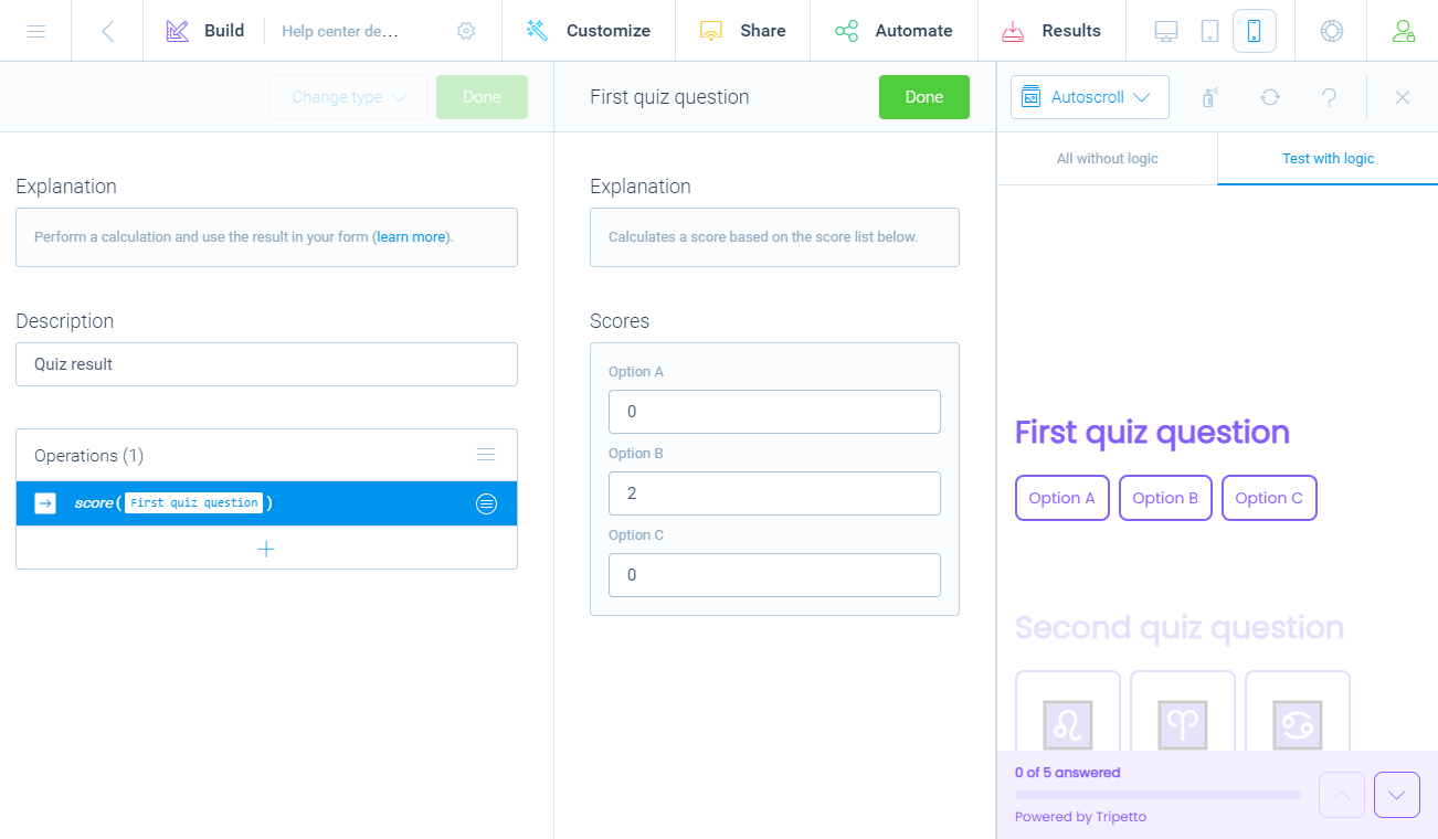 Screenshot of the form builder in Tripetto