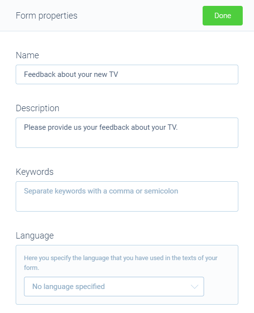 Screenshot of form properties in Tripetto