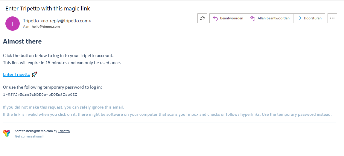 Screenshot of the Tripetto login email