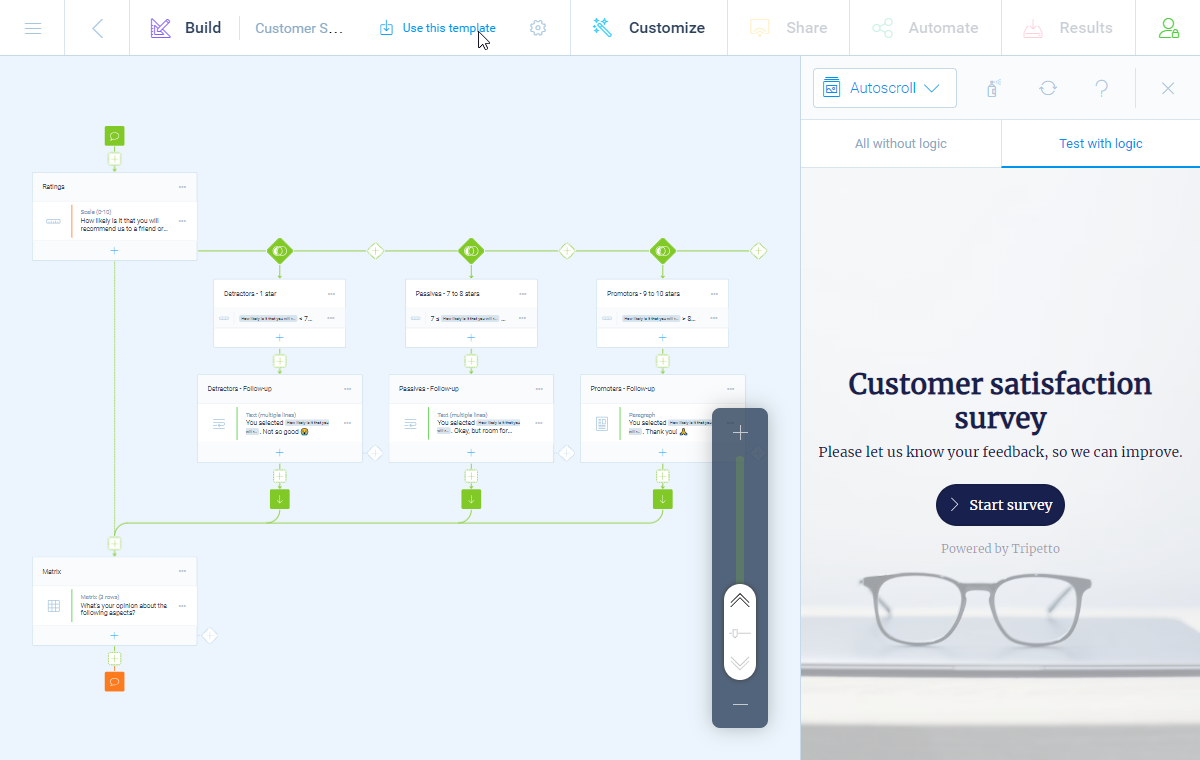 Screenshot of template usage in Tripetto