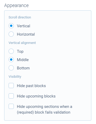 Screenshot of Appearance settings for autoscroll form face in Tripetto