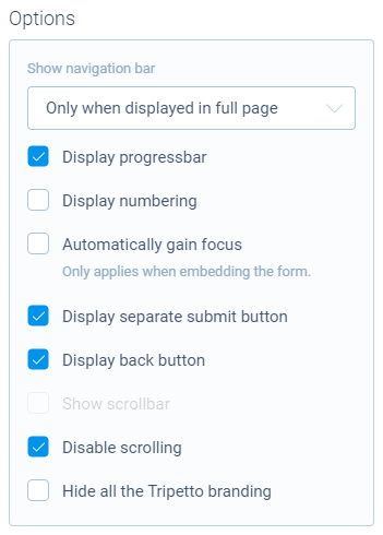 Screenshot of Option settings for autoscroll form face in Tripetto
