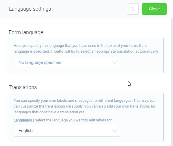 Screenshot of languages in Tripetto