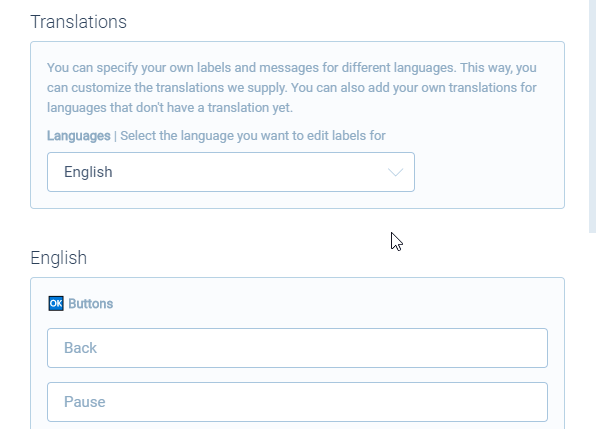 Screenshot of languages in Tripetto