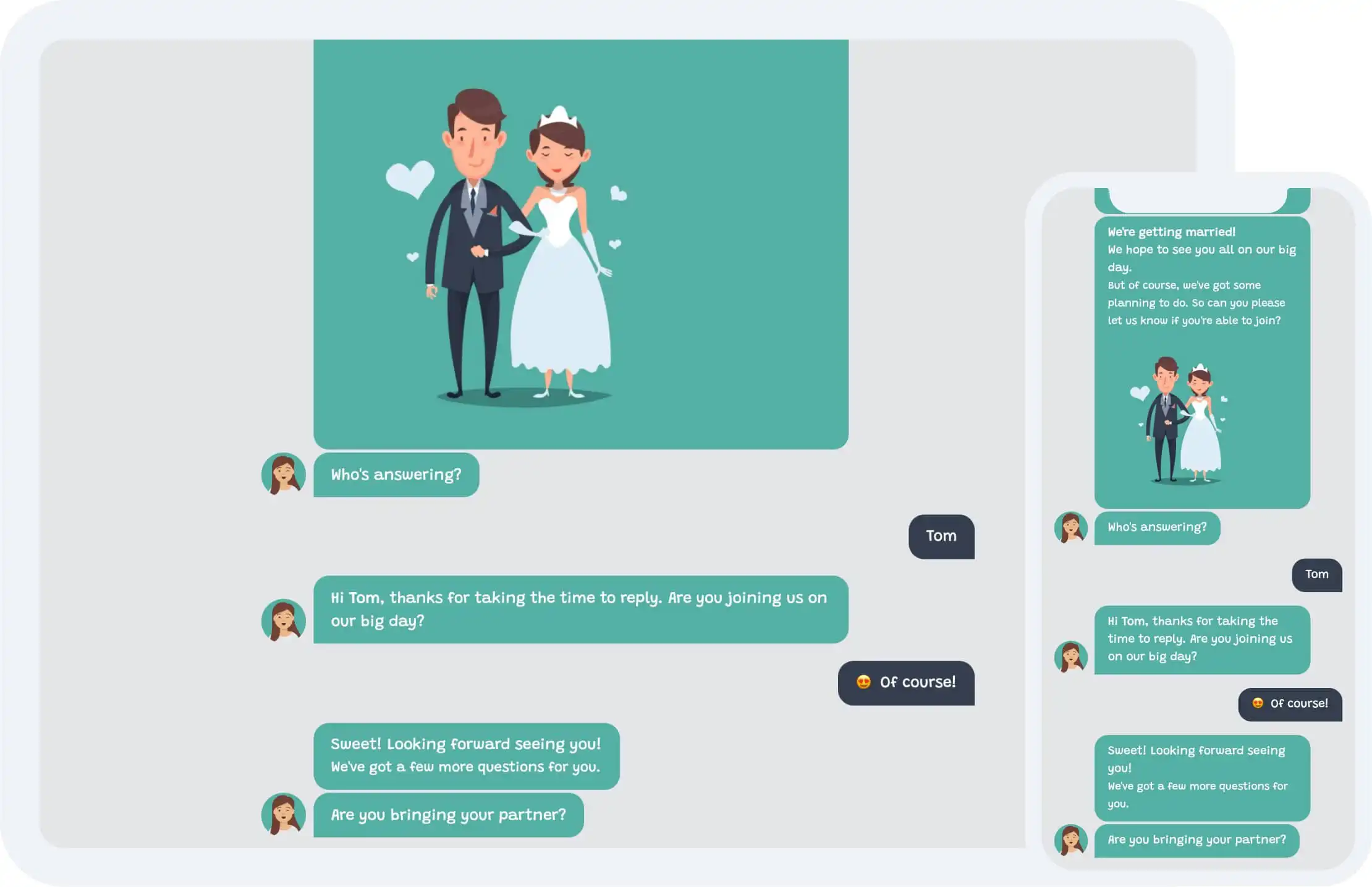 Screenshots of a wedding RSVP form in the chat form face, shown on a tablet and a mobile phone.