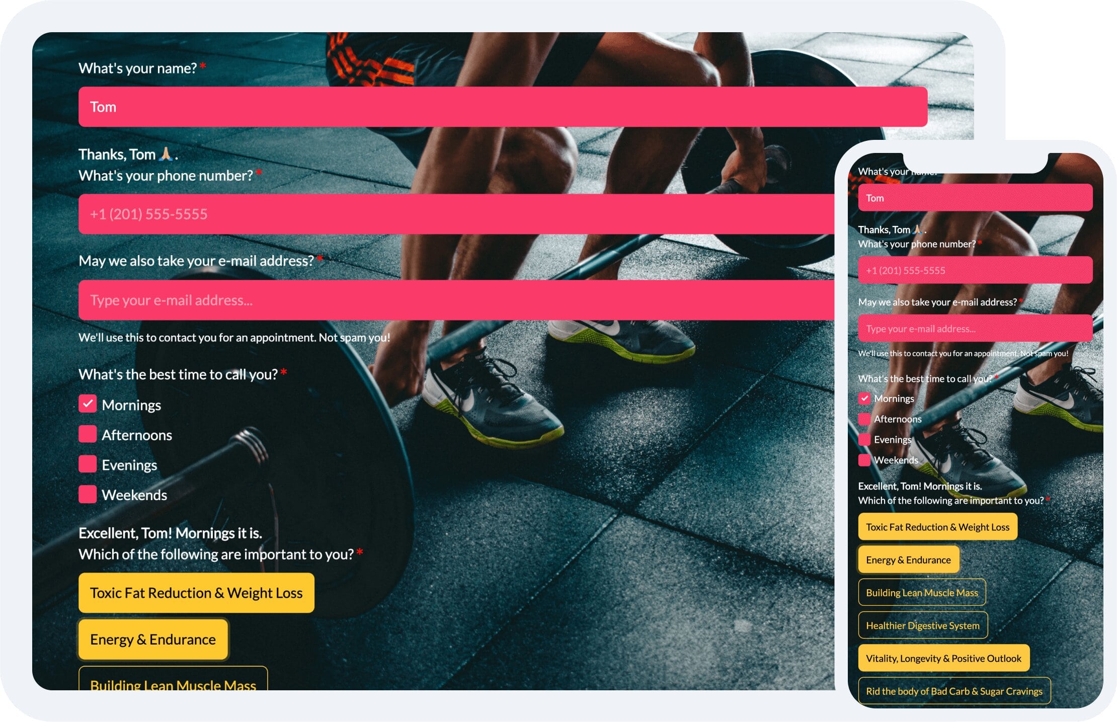 Screenshots of a fitness registration form in the autoscroll form face, shown on a tablet and a mobile phone.